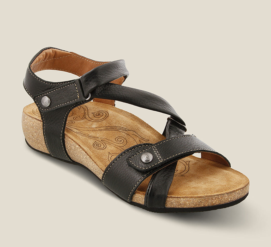 3/4 Angle of Universe Black adjustable leather sandal with two hook and loop straps lightweight cork footbed. Featuring hardware embellishments and a rubber outsole. - size 36