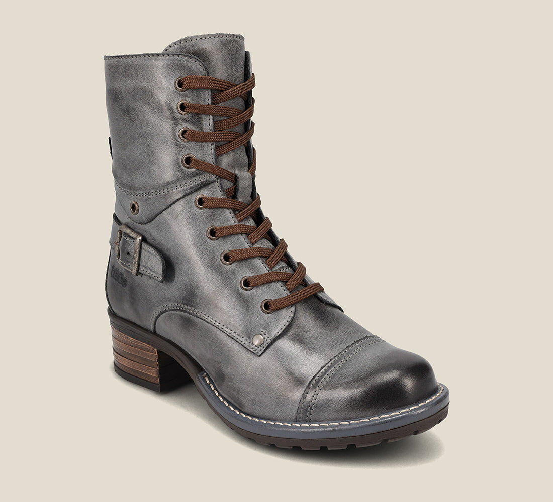 Hero image of Crave Steel Leather &  boot with buckle & an inside zipper lace-up adjustability.