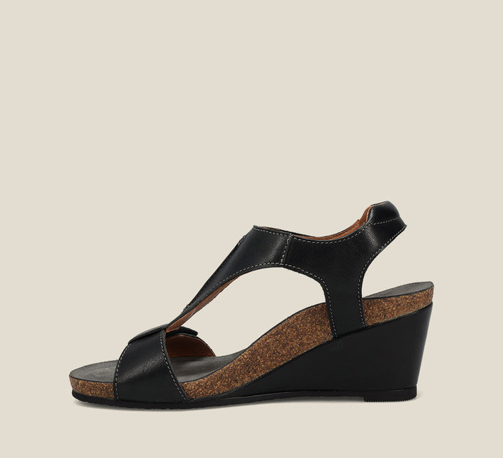 Inside angle of Sheila 2 Black Wedge Sandal featuring two adjustable hook and loops and rubber outsole. - size 39