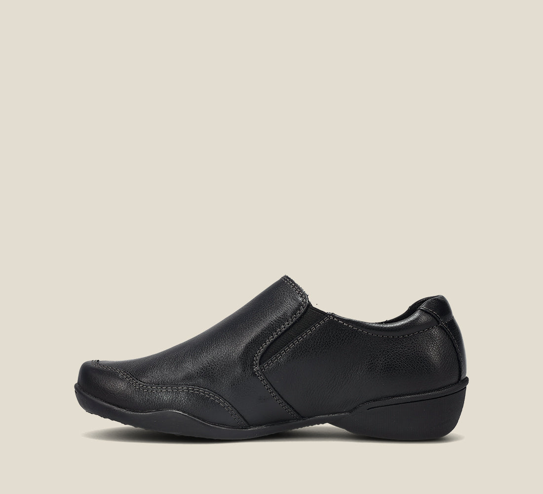 Instep of Encore Black Casual leather step-in shoe with medial gore & bungie closures & a removable footbed. 6