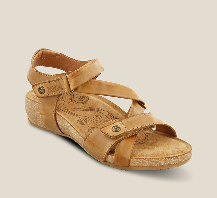 3/4 Angle of Universe Camel leather adjustable sandal with suede footbed and rubber outsole - size 36
