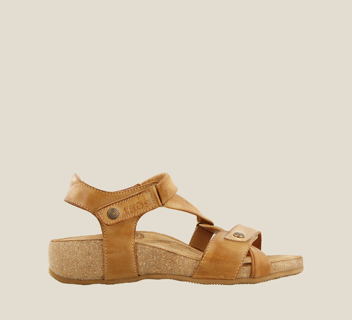 Outside angle of Universe Camel leather adjustable sandal with suede footbed and rubber outsole - size 36