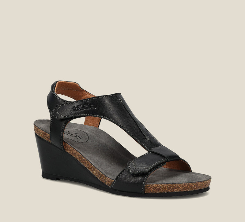3/4 Angle of Sheila 2 Black Wedge Sandal featuring two adjustable hook and loops and rubber outsole. - size 39