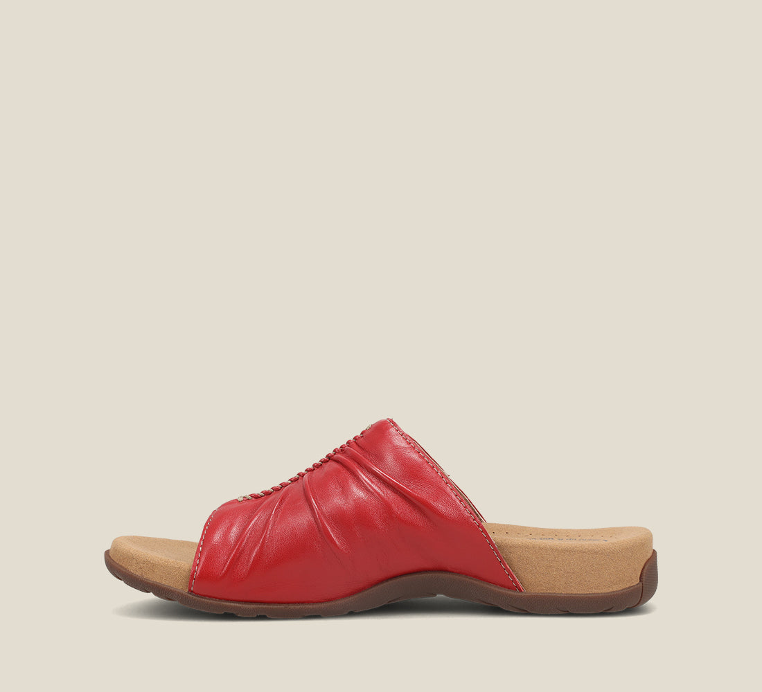 Side Angle of Gift 2 Red leather sandal with microfiber footbed and rubber outsole