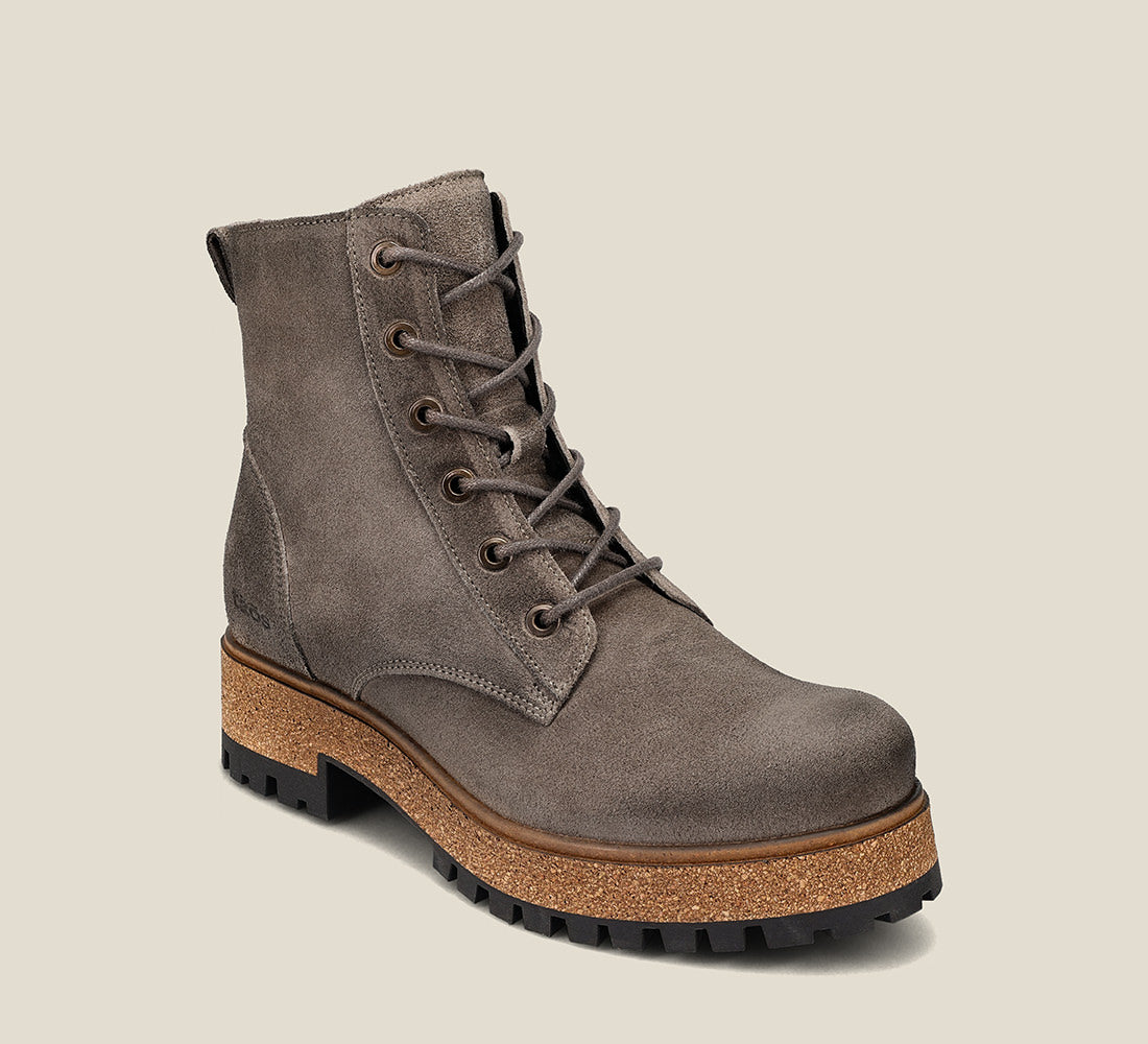 Hero image of MainStreet Smoke Rugged boots with laces and rubber outsole.