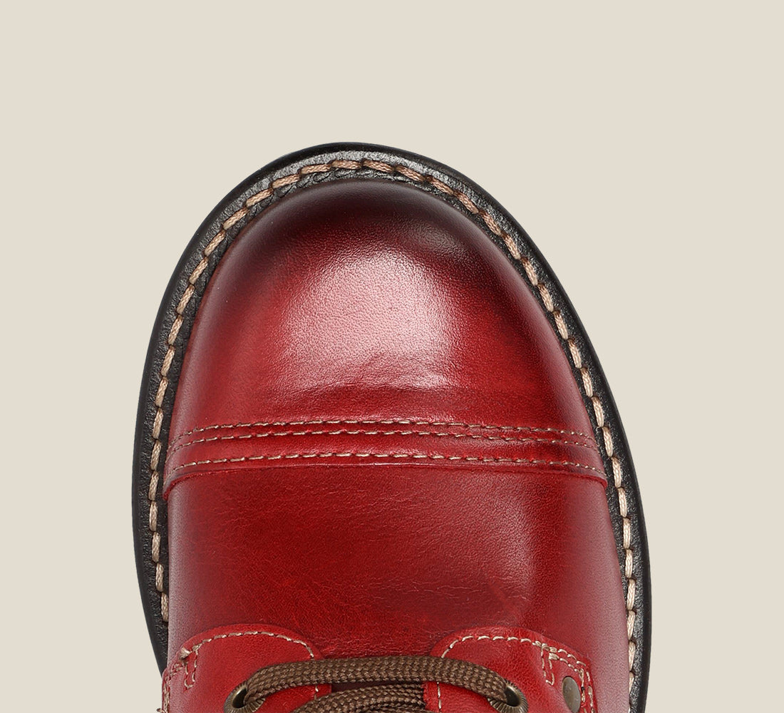 Top image of Crave Red Leather &  boot with buckle & an inside zipper lace-up adjustability.