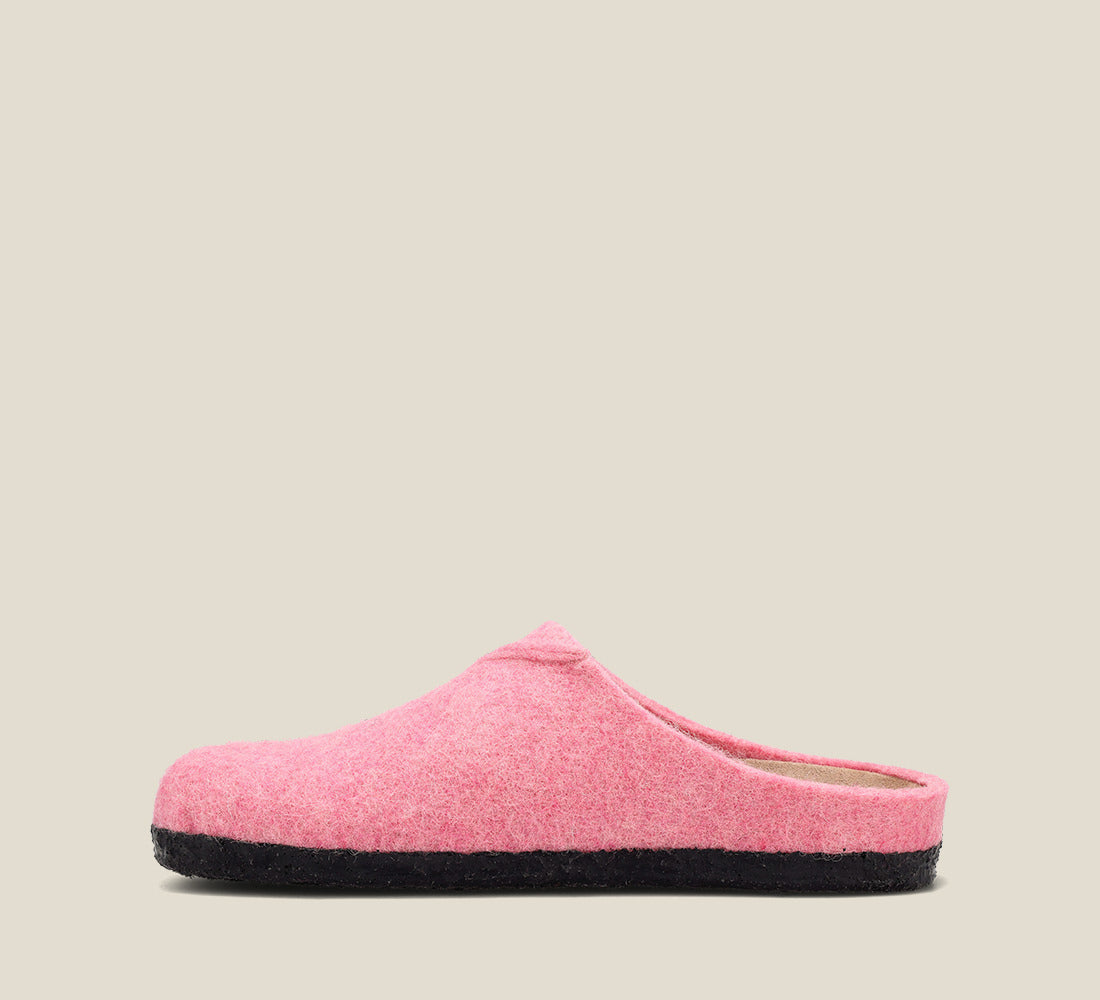 "Side image of Wooled Class Pink clog with featuring a removable footbed with arch & metatarsal support, & TR outsole."