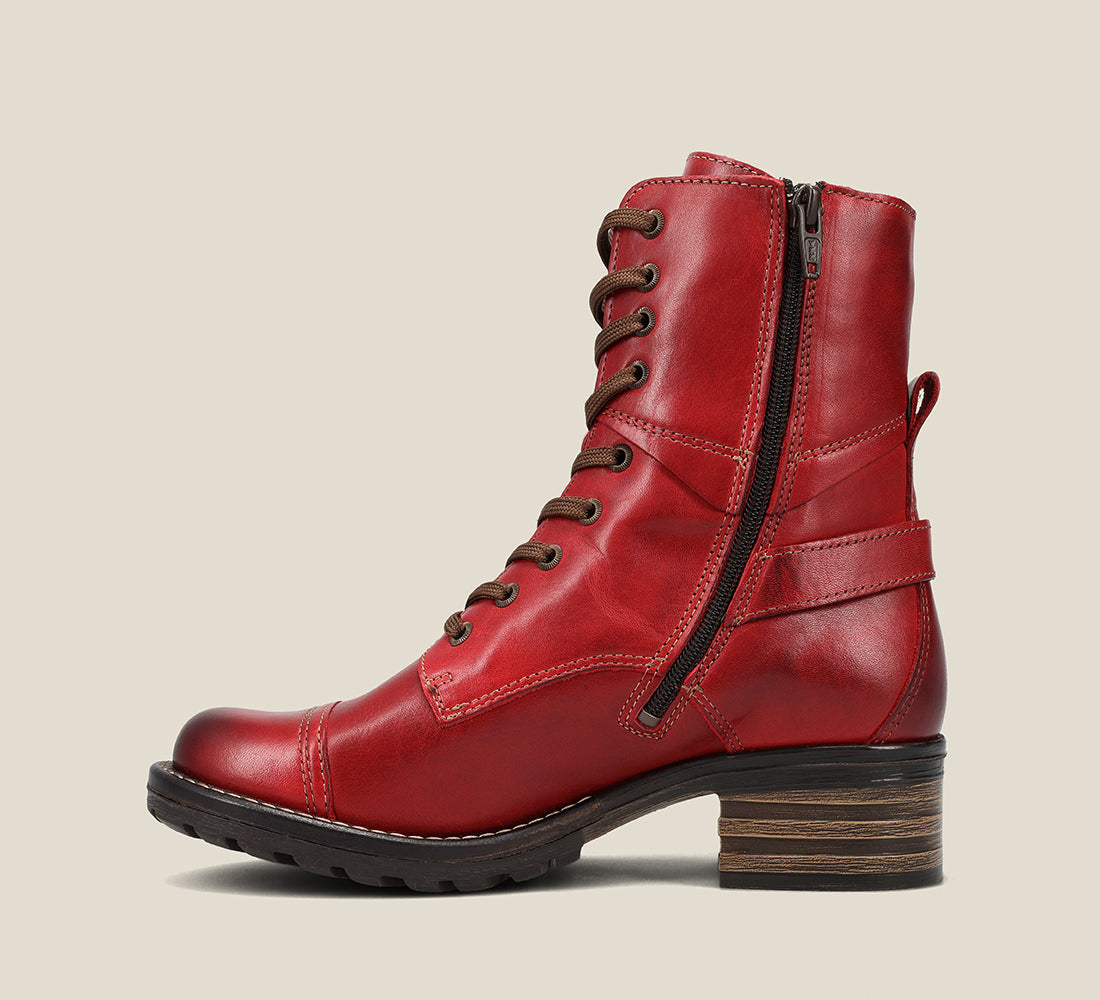 Side image of Crave Red Leather &  boot with buckle & an inside zipper lace-up adjustability.