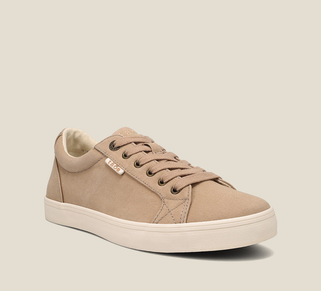3/4 Angle of Starsky Tan Distressed Men's canvas lace up sneaker featuring a Curves & Pods removable footbed with Soft Support and rubber outsole. - size 8
