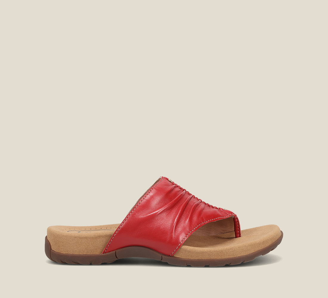 side Angle of Gift 2 Red leather sandal with microfiber footbed and rubber outsole
