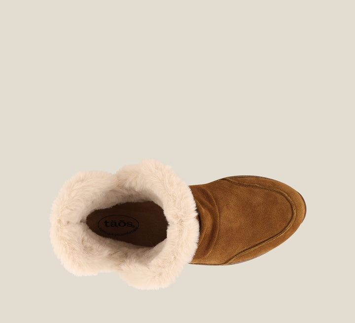 Top down Angle of Future Mid Chestnut Suede Water resistant suede pull on short bootie with faux fur lining, a removable footbed, &rubber outsole 6