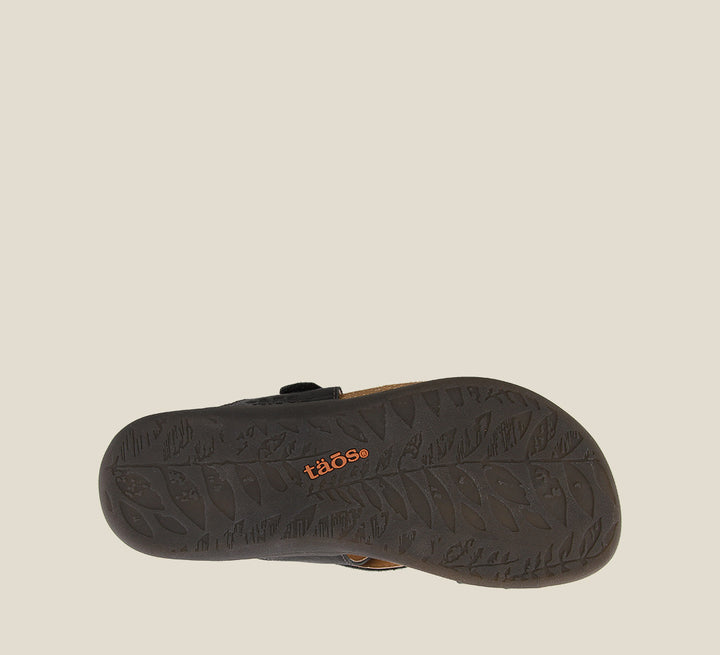 Outsole angle of Perfect Black Slide sandal on our cork footbed featuring an adjustable strap and rubber outsole. - size 6