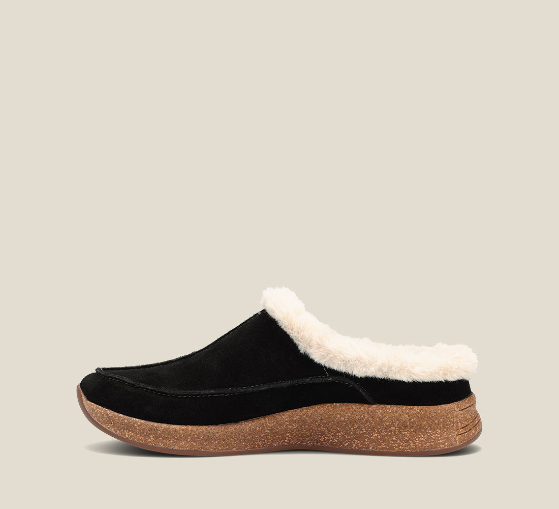 Side image of Future Black Suede water friendly suede clog and rubber outsole