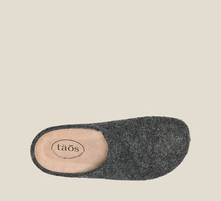 Load image into Gallery viewer, &quot;Top image of Wooled Class Charcoal clog with featuring a removable footbed with arch &amp; metatarsal support, &amp; TR outsole.&quot;
