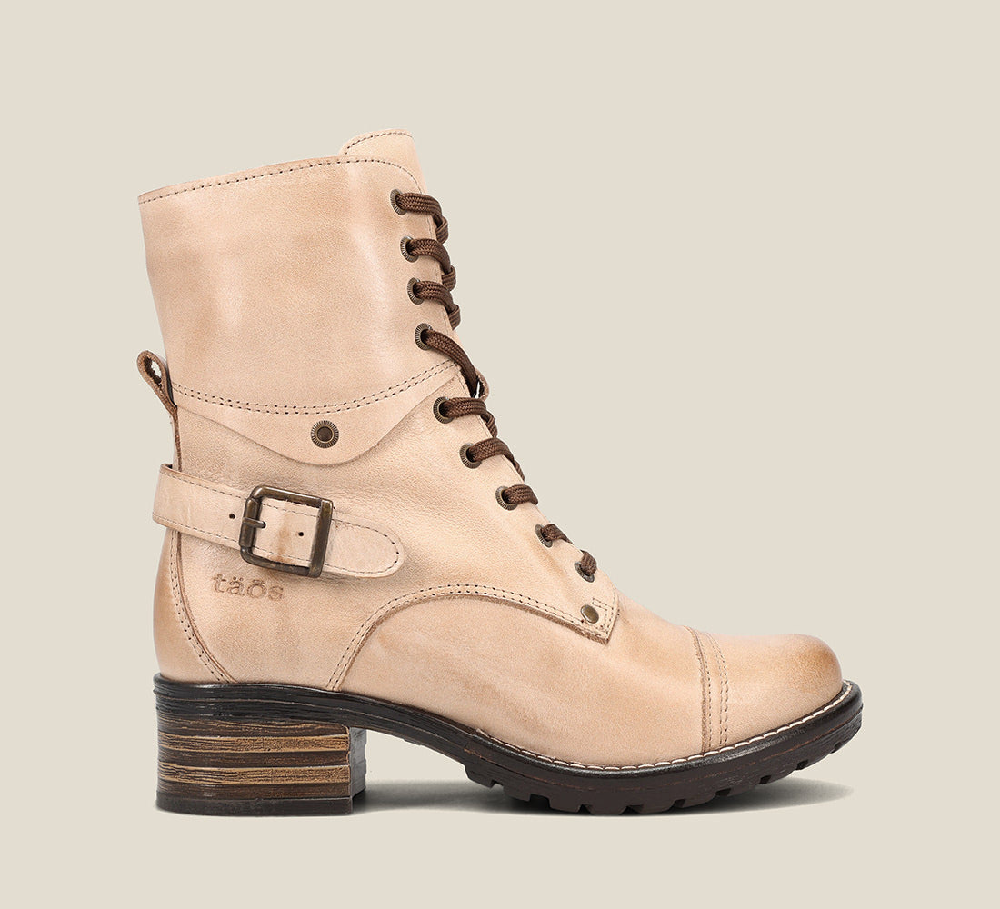 Side image of Crave Stone Leather &  boot with buckle & an inside zipper lace-up adjustability.