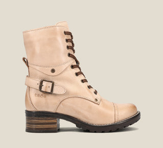 Load image into Gallery viewer, Side image of Crave Stone Leather &amp;  boot with buckle &amp; an inside zipper lace-up adjustability.
