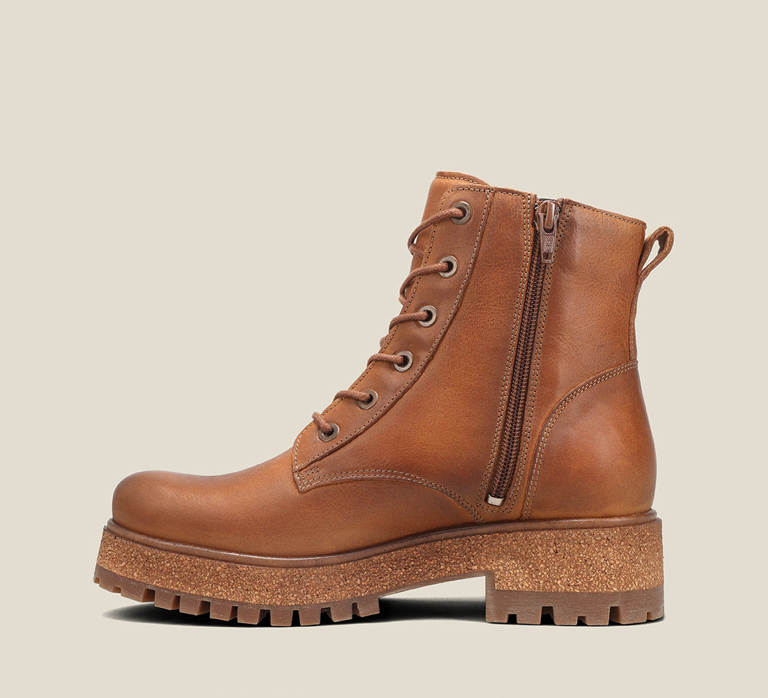 outside image of MainStreet Tan Leather boots with laces and rubber outsole