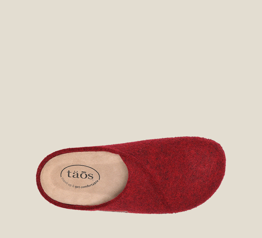 "Top image of Wooled Class Red clog with featuring a removable footbed with arch & metatarsal support, & TR outsole."