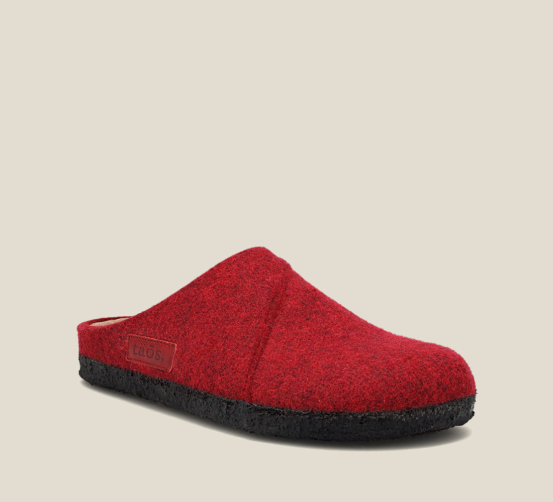 "Hero image of Wooled Class Red clog with featuring a removable footbed with arch & metatarsal support, & TR outsole."