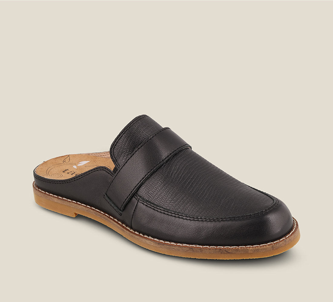 Hero image of Royal Black Snake Emboss Leather loafer style slip on featuring a footbed with arch & metatarsal support & rubber outsole 6