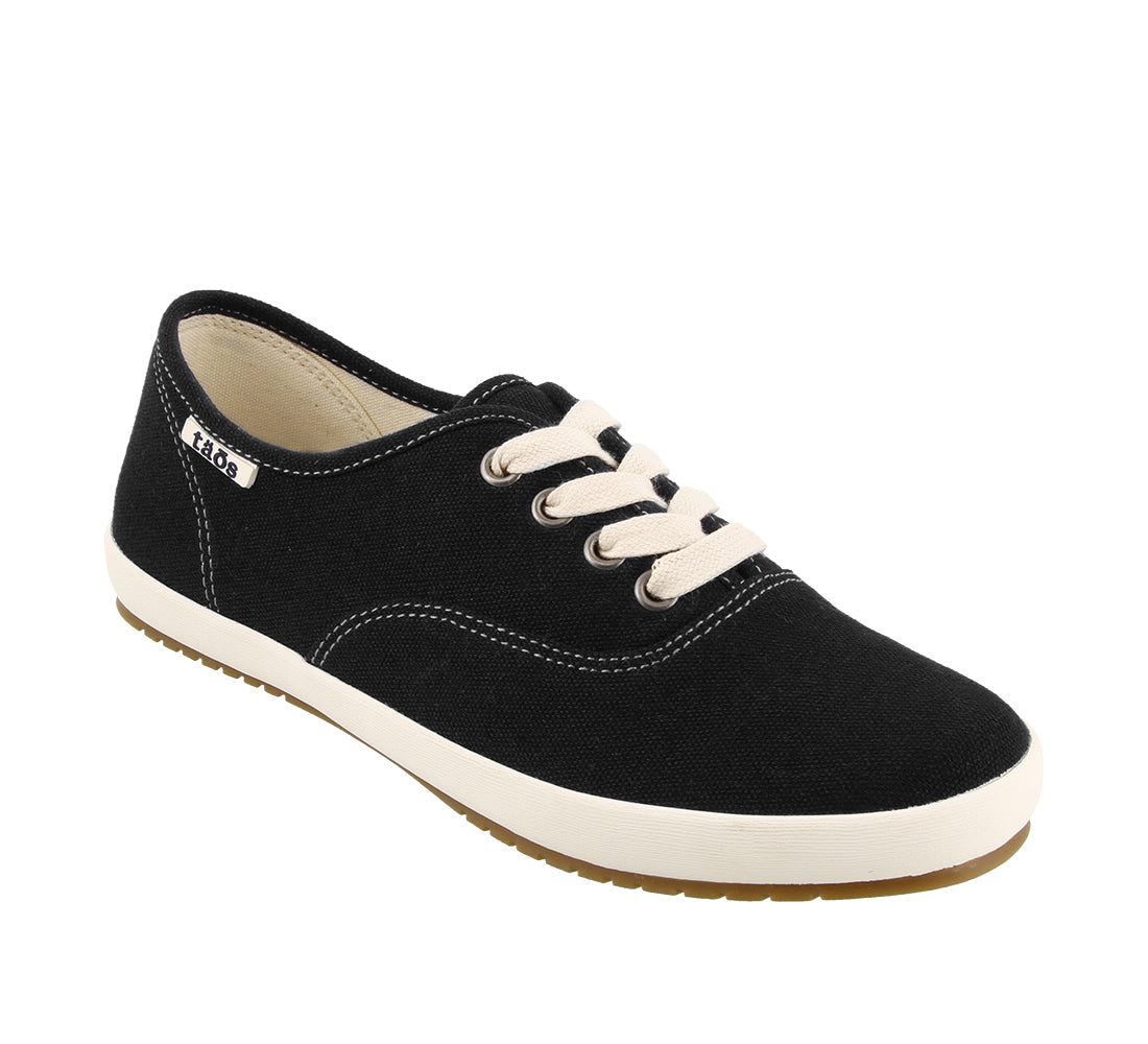 Three quarter angle of Black Canvas Canvas lace up sneaker with removeable footbed - size 8.5