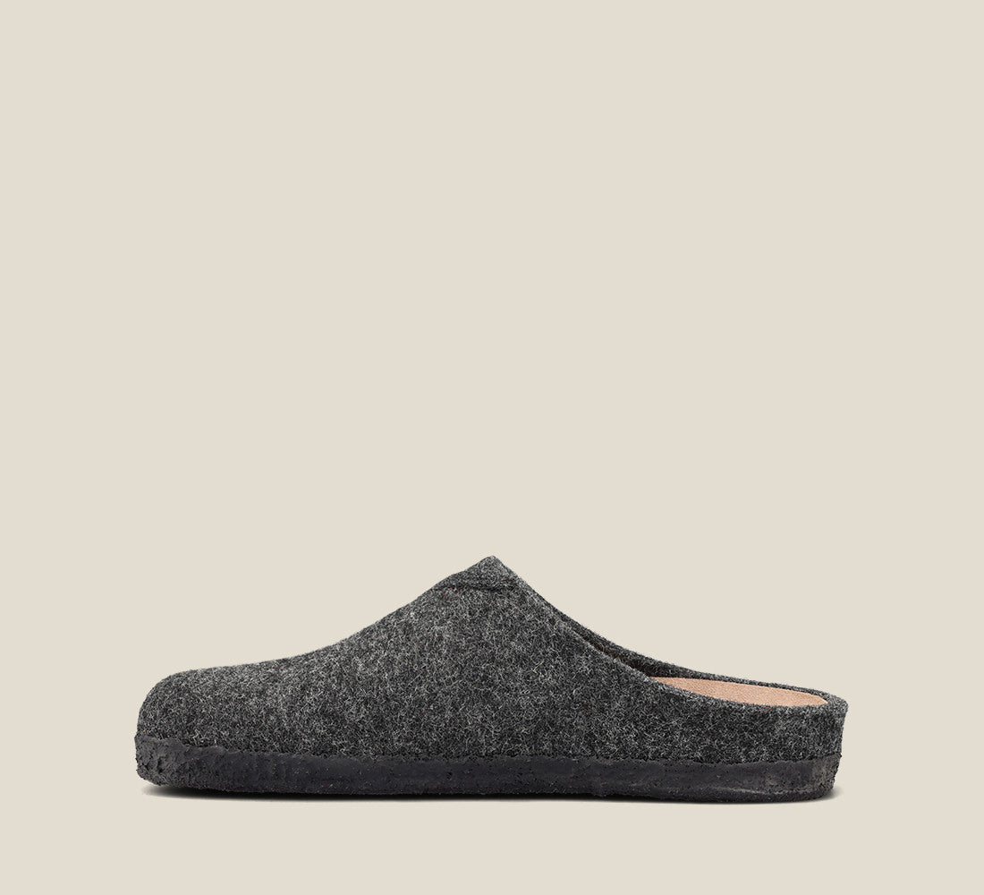 "Side image of Wooled Class Charcoal clog with featuring a removable footbed with arch & metatarsal support, & TR outsole."