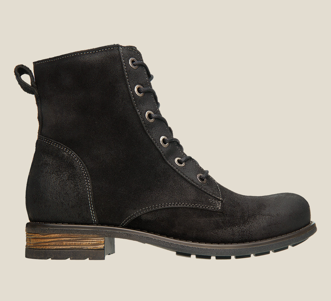 Outside Angle of Boot Camp Black Rugged leather boot with an inside leather & faux fur lined with a footbed & TR outsole - size 36