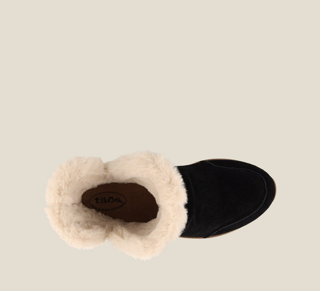 Top down Angle of Future Mid Black Suede Water resistant suede pull on short bootie with faux fur lining, a removable footbed, &rubber outsole 6