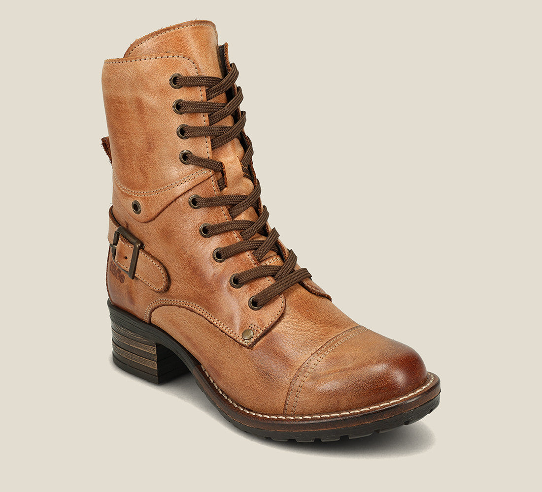 Hero image of Crave Steel Leather &  boot with buckle & an inside zipper lace-up adjustability.