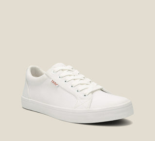 Load image into Gallery viewer, 3/4 Angle of Starsky White Canvas Men&#39;s canvas lace up sneaker featuring a Curves &amp; Pods removable footbed with Soft Support and rubber outsole.
