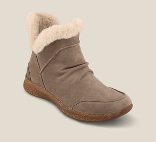 Load image into Gallery viewer, Hero image of Future Mid Dark Taupe Suede Water resistant suede pull on short bootie with faux fur lining, a removable footbed, &amp;rubber outsole 6
