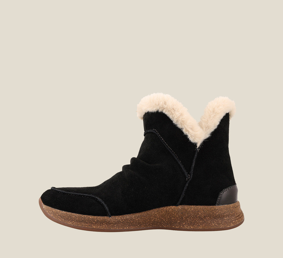 Instep of Future Mid Black Suede Water resistant suede pull on short bootie with faux fur lining, a removable footbed, &rubber outsole 6