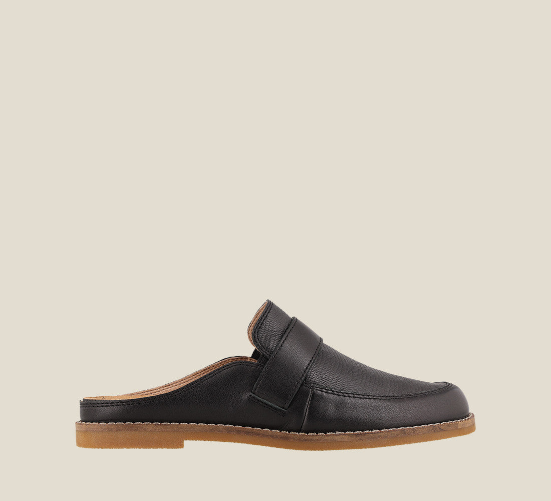 Outside Angle of Royal Black Snake Emboss Leather loafer style slip on featuring a footbed with arch & metatarsal support & rubber outsole 6