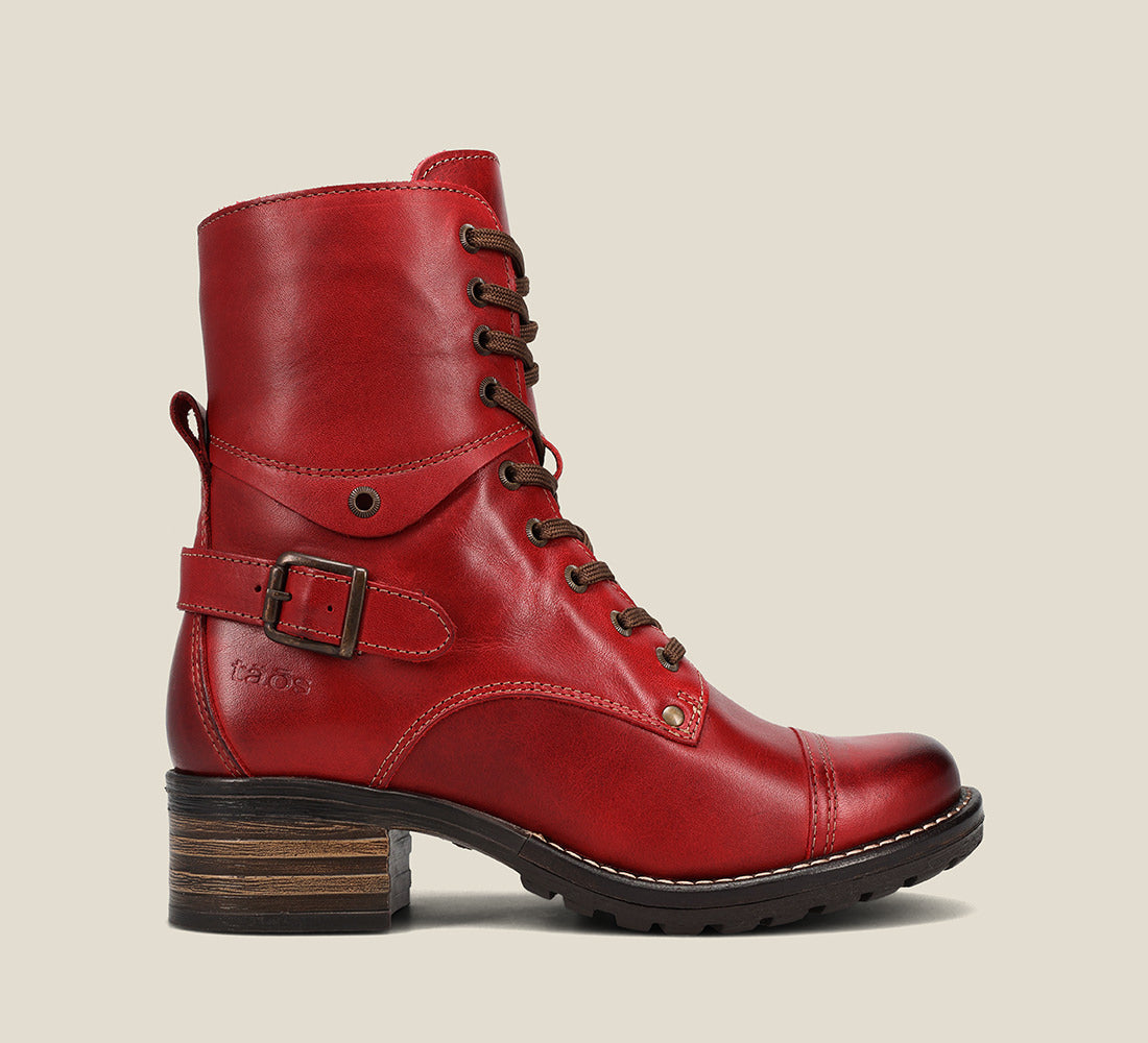 Side image of Crave Red Leather &  boot with buckle & an inside zipper lace-up adjustability.