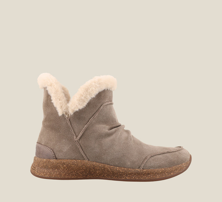 Outside Angle of Future Mid Dark Taupe Suede Water resistant suede pull on short bootie with faux fur lining, a removable footbed, &rubber outsole 6