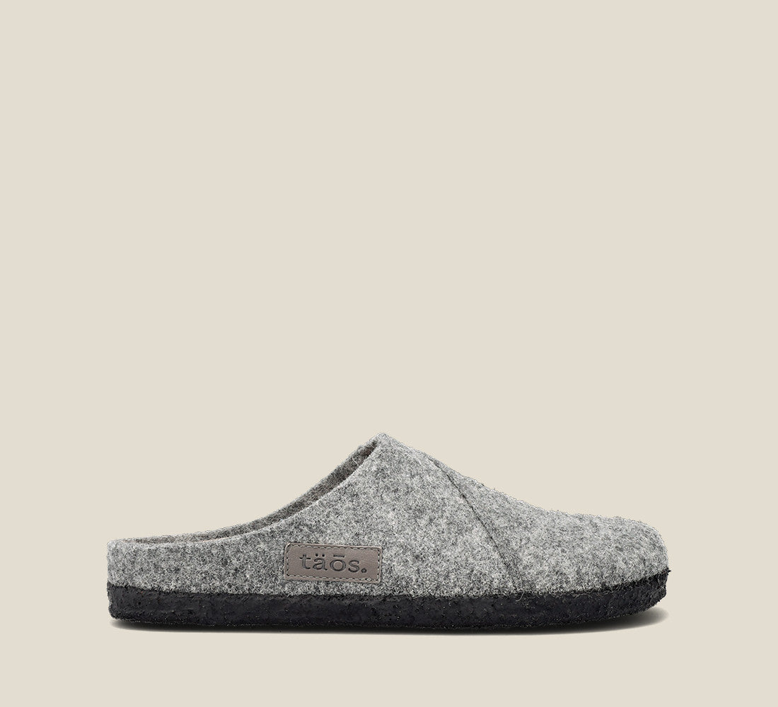 "Side image of Wooled Class Grey clog with featuring a removable footbed with arch & metatarsal support, & TR outsole."