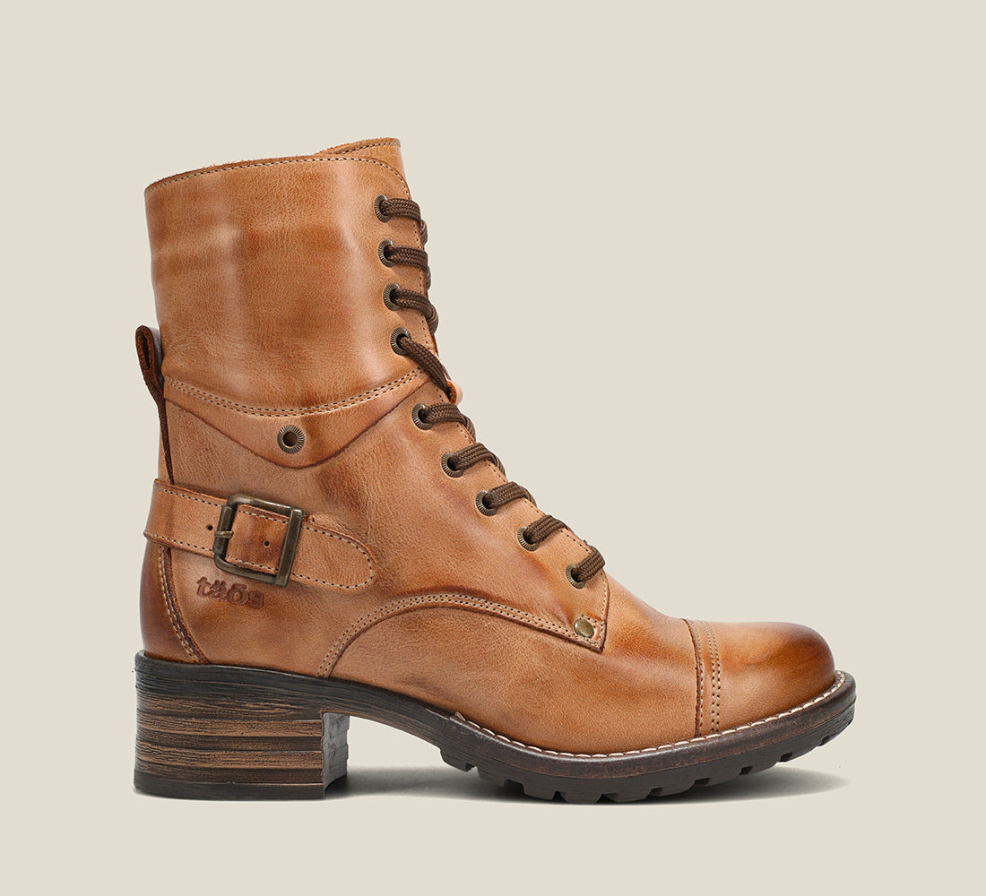 Side image of Crave Steel Leather &  boot with buckle & an inside zipper lace-up adjustability.