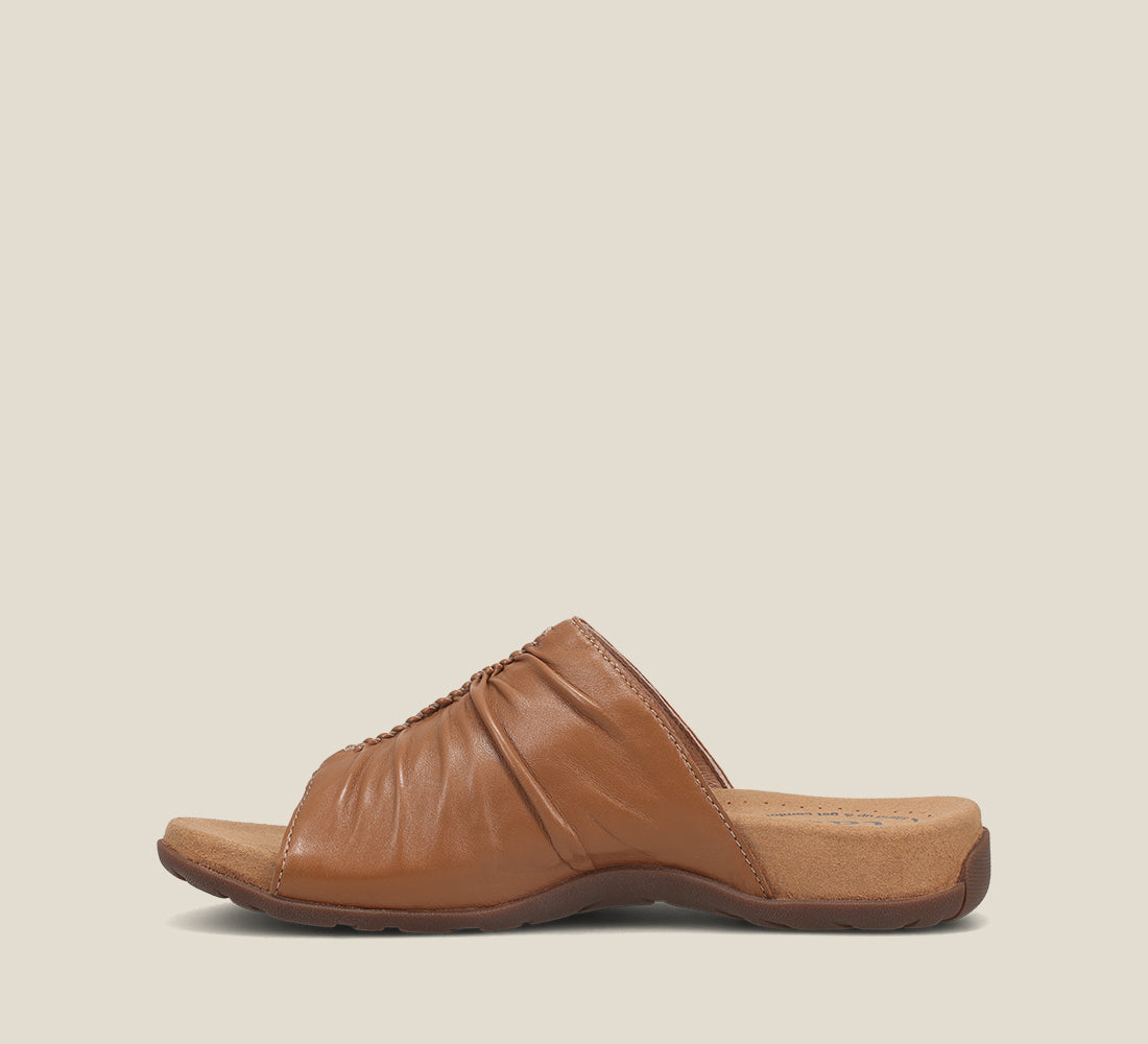 Side Angle of Gift 2 Tan leather sandal with microfiber footbed and rubber outsole
