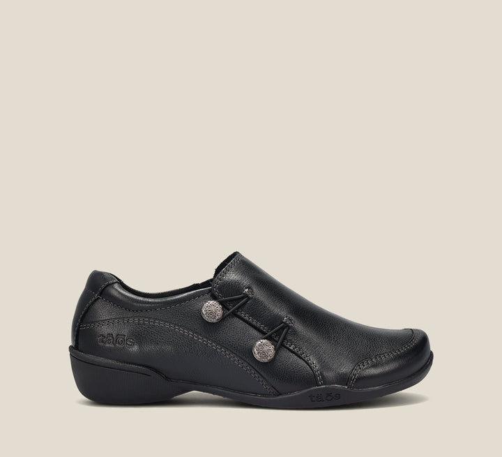 Outside Angle of Encore Black Casual leather step-in shoe with medial gore & bungie closures & a removable footbed. 6
