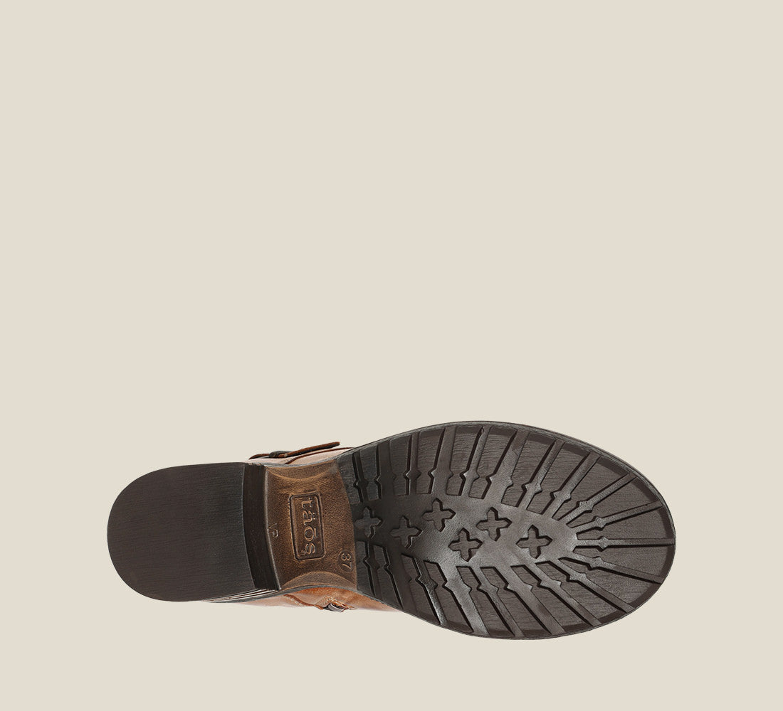 Outsole image of Crave Steel Leather &  boot with buckle & an inside zipper lace-up adjustability.