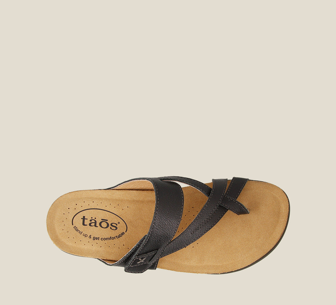 Top down angle of Perfect Black Slide sandal on our cork footbed featuring an adjustable strap and rubber outsole. - size 6