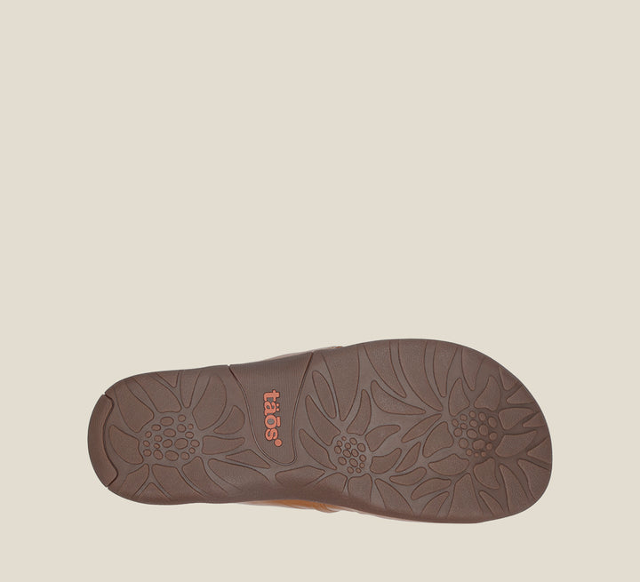 Outsole Angle of Gift 2 Tan leather sandal with microfiber footbed and rubber outsole