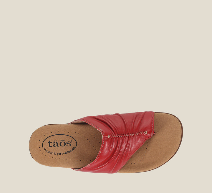 Top Angle of Gift 2 Red leather sandal with microfiber footbed and rubber outsole