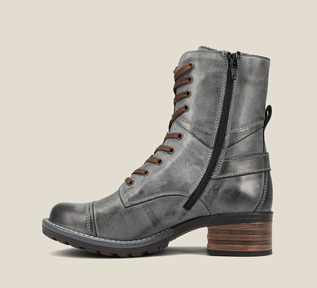 Side image of Crave Steel Leather &  boot with buckle & an inside zipper lace-up adjustability.