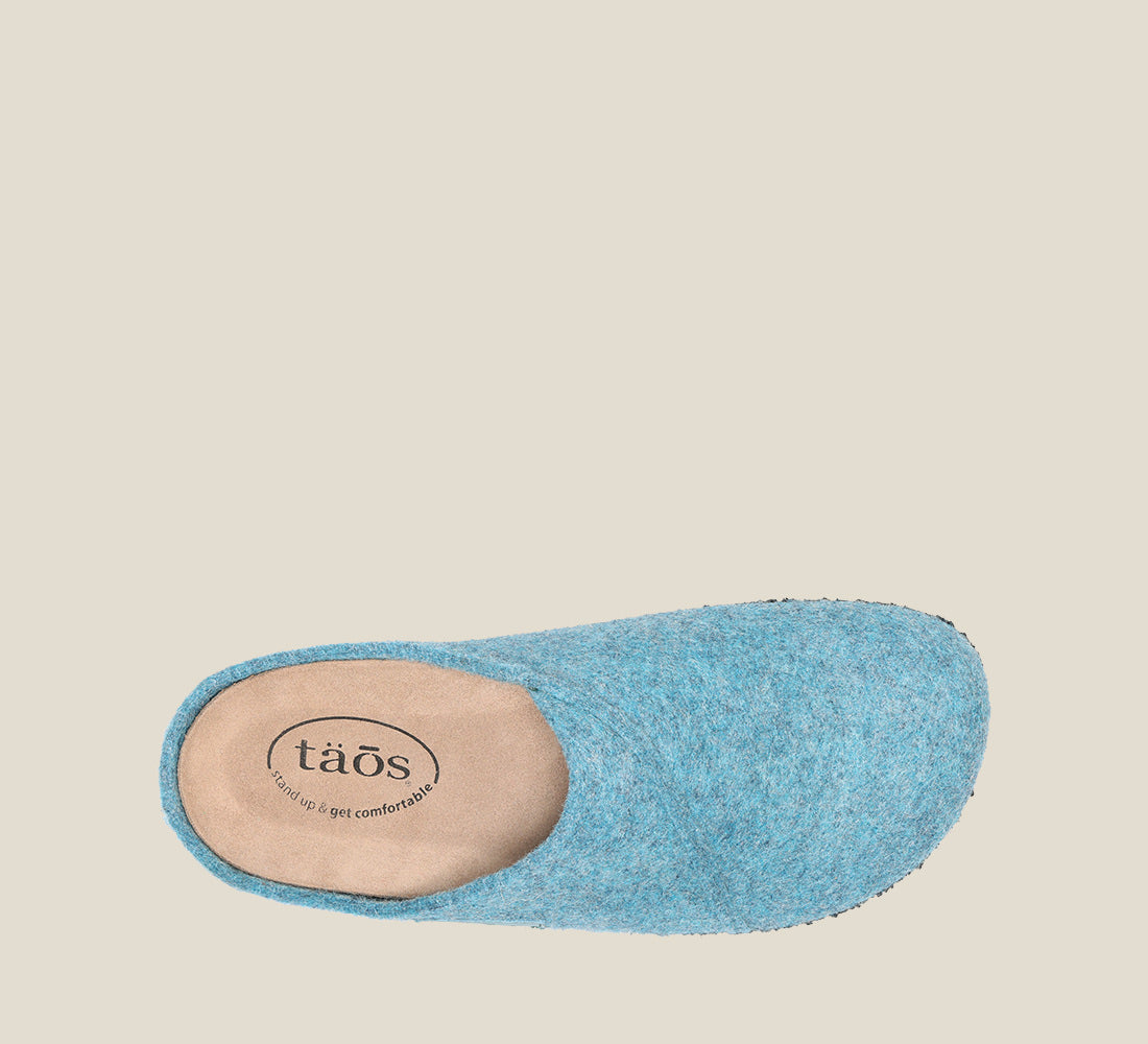 "Top image of Wooled Class Turquoise clog with featuring a removable footbed with arch & metatarsal support, & TR outsole."
