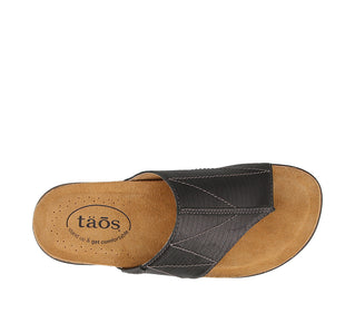 Load image into Gallery viewer, Top down Angle of Black Slide sandal on cork footbed with rubber outsoles - size 6
