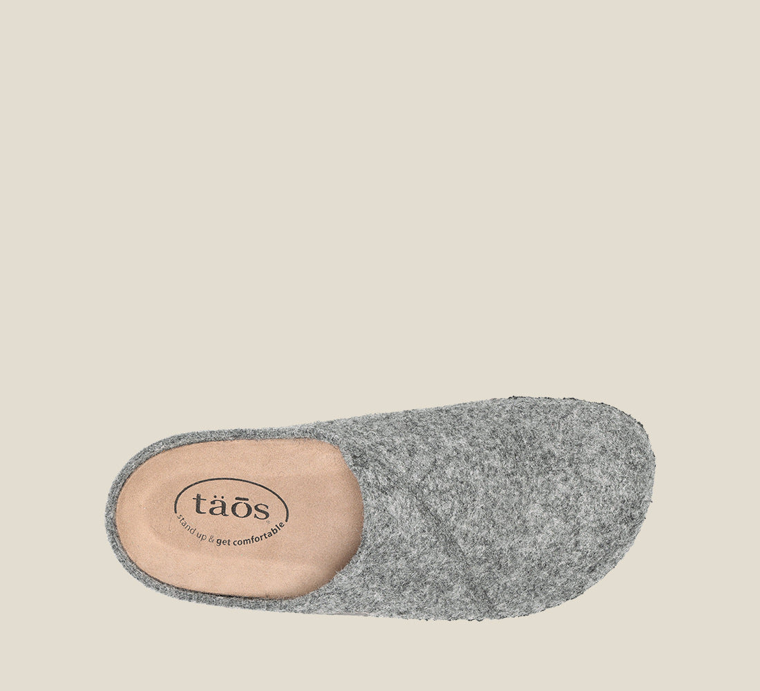 "Top image of Wooled Class Grey clog with featuring a removable footbed with arch & metatarsal support, & TR outsole."
