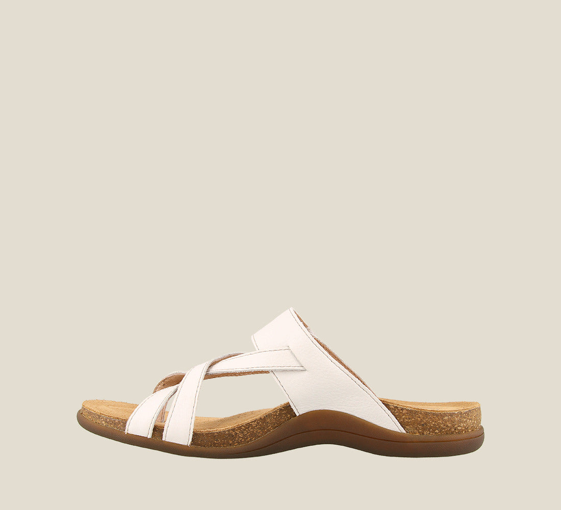 Inside angle of Perfect White Slide sandal on our cork footbed featuring an adjustable strap and rubber outsole. - size 6