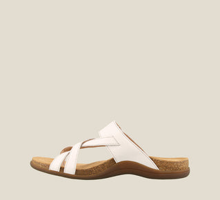 Load image into Gallery viewer, Inside angle of Perfect White Slide sandal on our cork footbed featuring an adjustable strap and rubber outsole. - size 6
