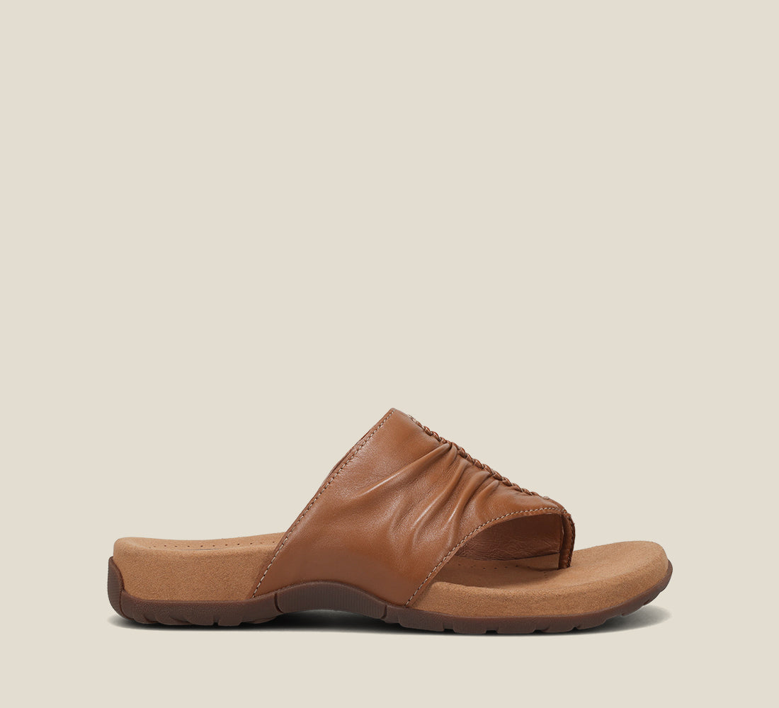 side Angle of Gift 2 Tan leather sandal with microfiber footbed and rubber outsole